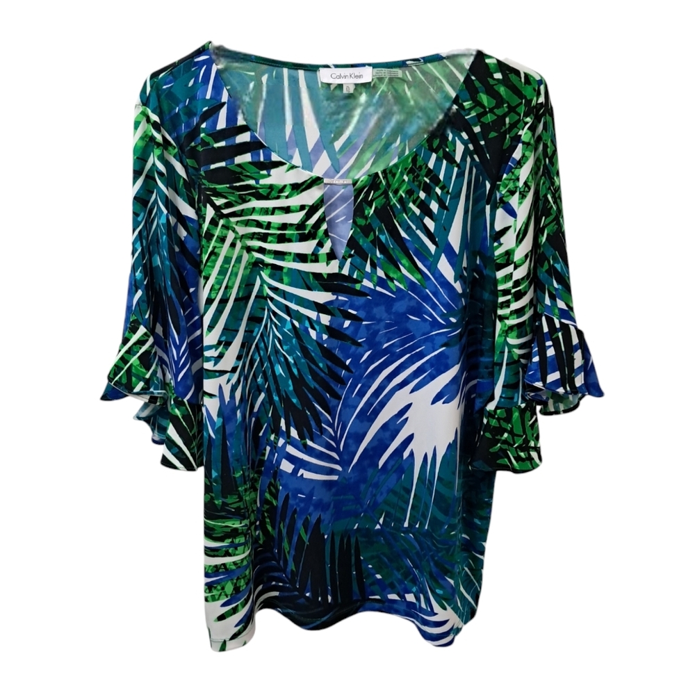 Calvin Klein XL Flowy Blouse Tropical Leaf Design Keyhole Cutout on Front